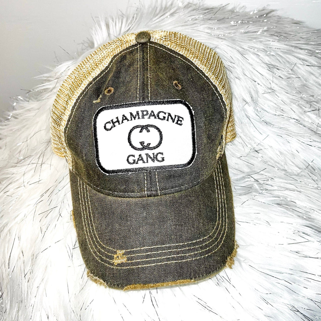 CHAMPAGNE GANG Distressed Truckwer Hat-Black