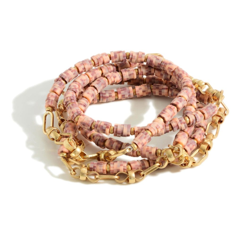 Gold Accented Heishi Bead Bracelet Set - Pink