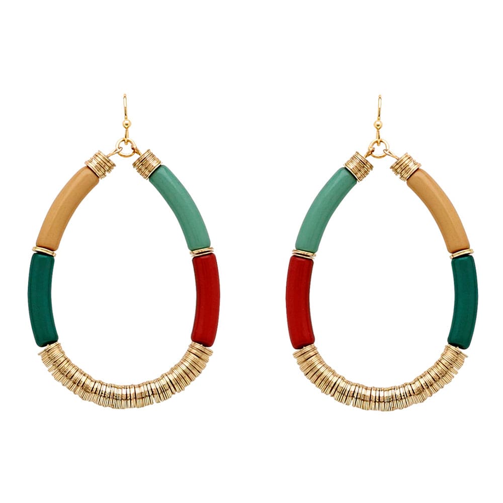 Oval Arcrylic Tube & Disc Bead Drop Earrings-Red/Green