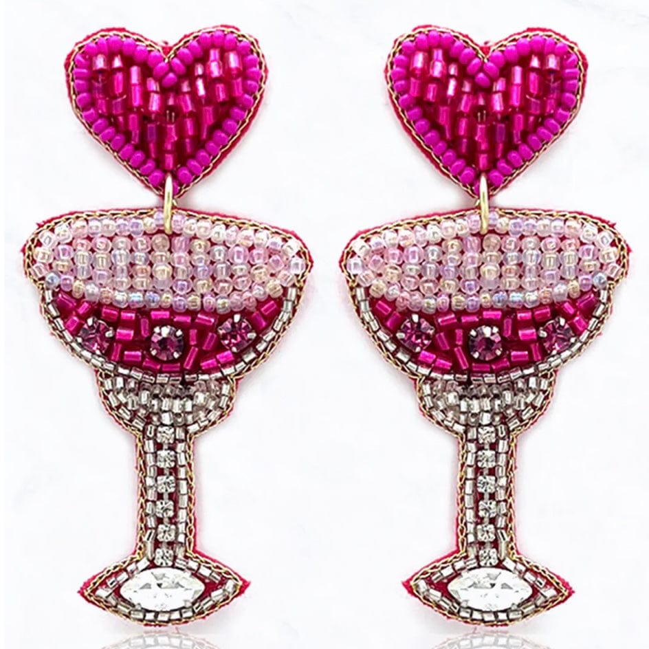 Seedbead Heart Wine Glass Earrings-Magenta
