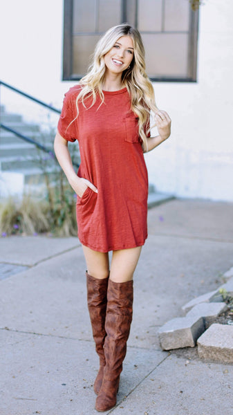 Short Sleeve Comfy Mini T-Shirt Dress-Brick – Little Tipsy Boutique