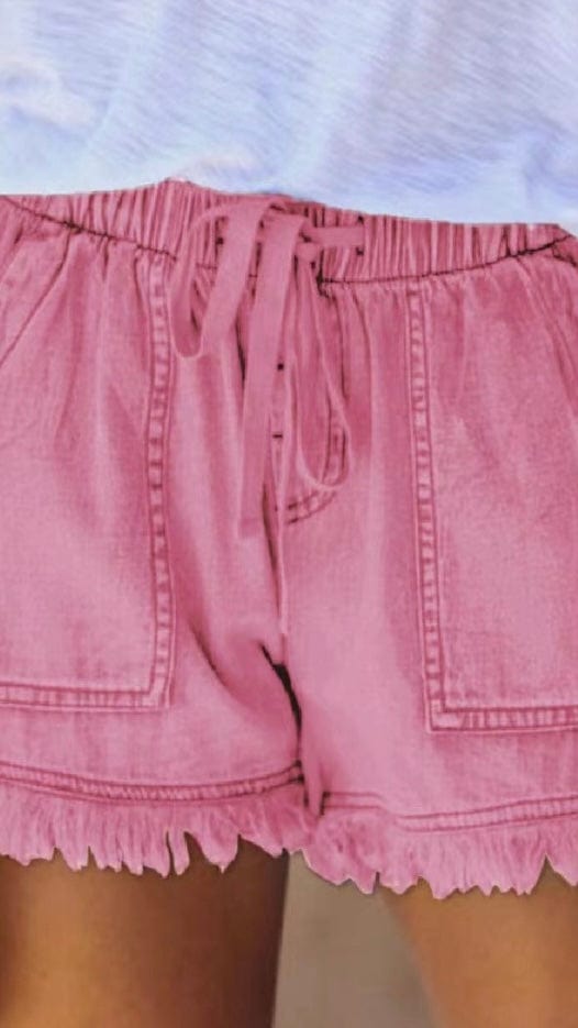 Casual Frayed Denim Shorts-Hot Pink