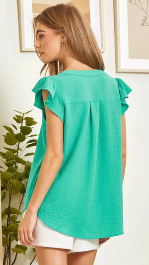 Casual Solid Flutter Sleeve Top-Emerald