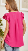Casual Solid Flutter Sleeve Top-Hot Pink