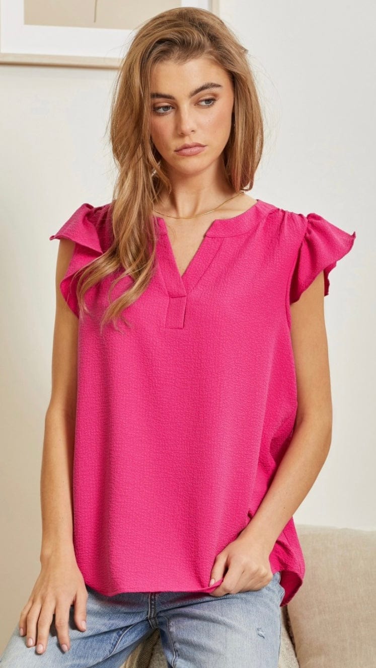 Casual Solid Flutter Sleeve Top-Hot Pink