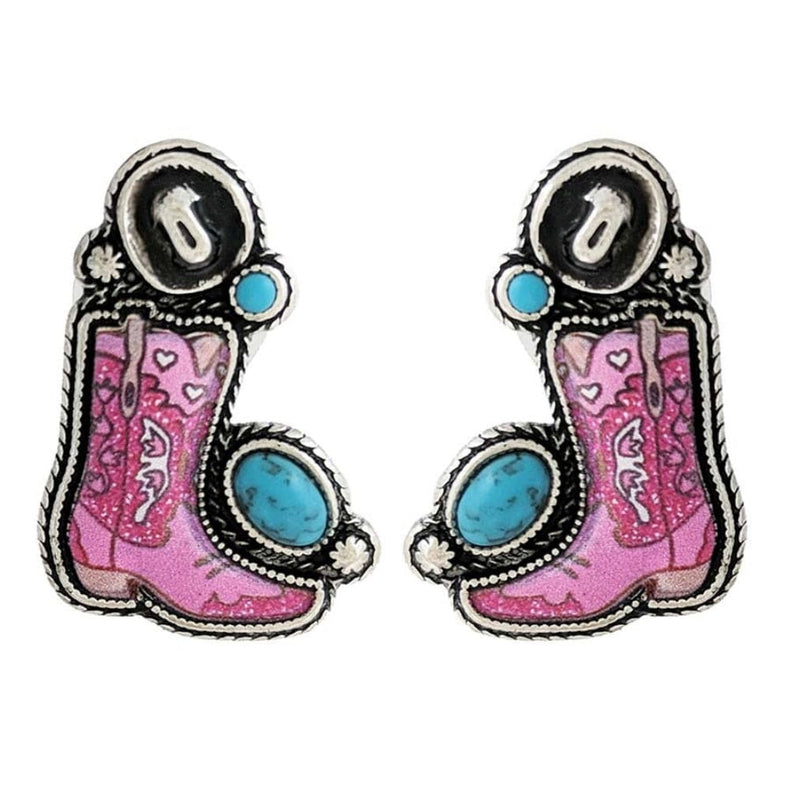 Cowgirl Boots & Hat Metal Post Earrings-Pink/Turquoise