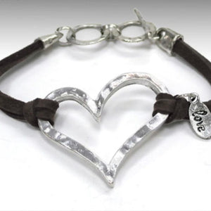 Leather Strap Heart Bracelet-Silver