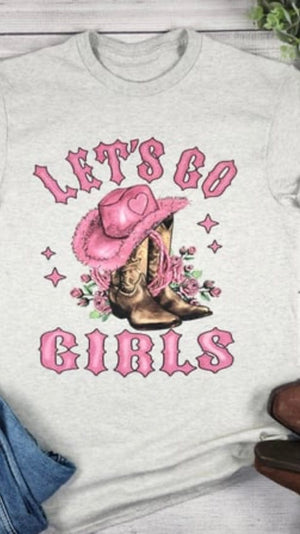 Let's Go Girls Pink Cowboy Hat Graphic Tee-Oatmeal Heather