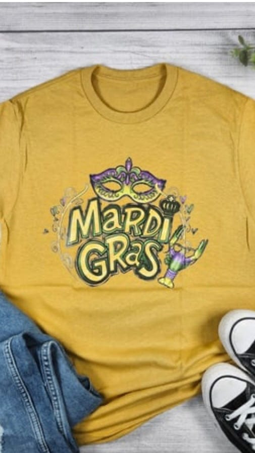 Mardi Gras Mask Graphic Tee-Yellow