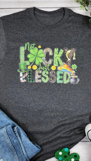 Not LUCKY Just Blessed Graphic Tee-Charcoal Heather