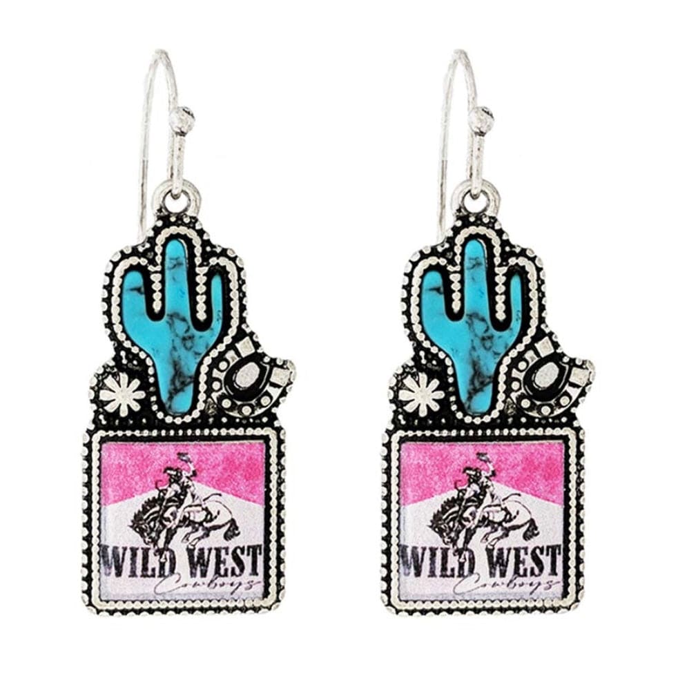 Print Wild West With Turquoise Cactus Earrings-Pink