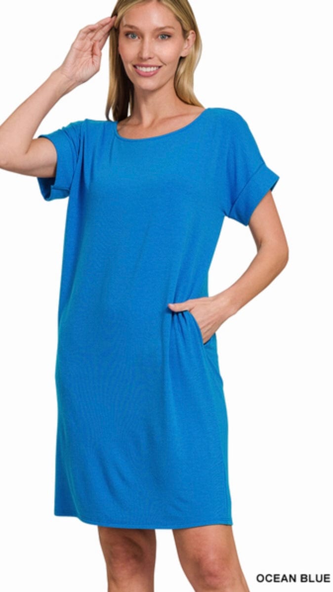 Rolled Sleeve T-Shirt Dress-Ocean Blue