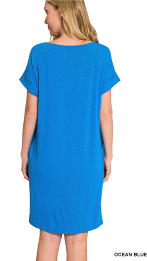 Rolled Sleeve T-Shirt Dress-Ocean Blue