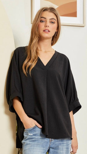 Solid Bubble Sleeve Tunic Top-Black