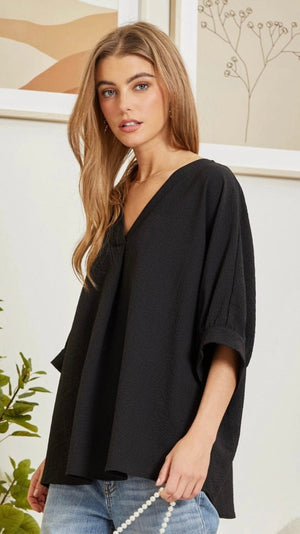 Solid Bubble Sleeve Tunic Top-Black