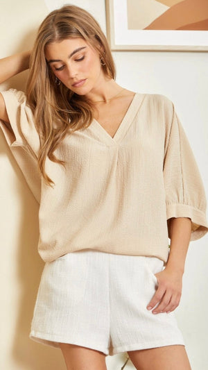 Solid Bubble Sleeve Tunic Top-Taupe