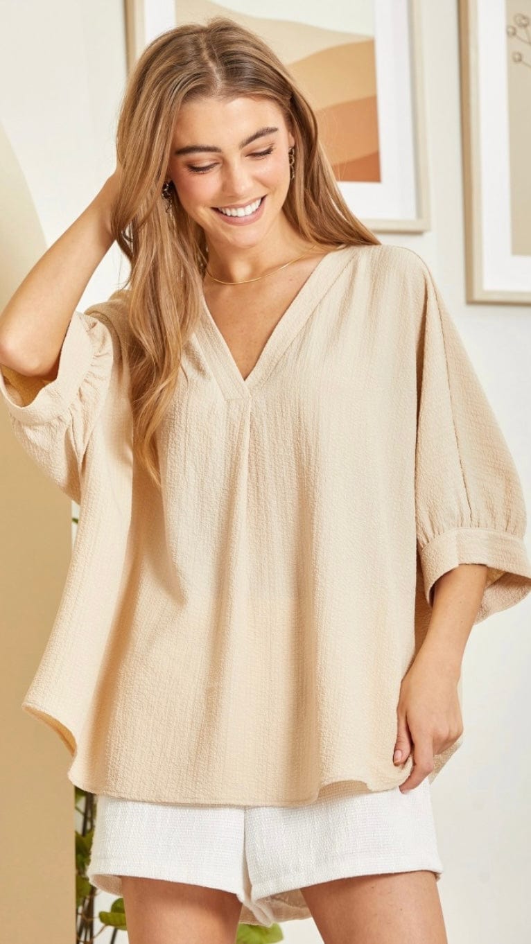 Solid Bubble Sleeve Tunic Top-Taupe