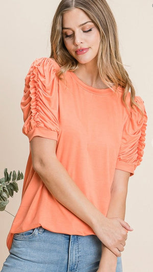Solid Shirred Sleeve Casual Top-Coral
