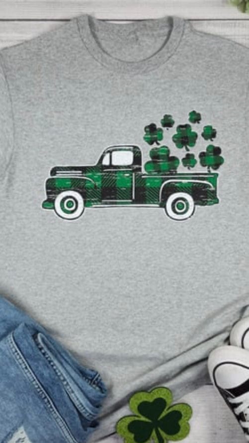 ST Patrick's Day Plaid Truck Graphic Tee-Athletic Heather