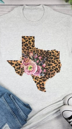 Texas Leopard With Roses Graphic Tee-Ash Heather