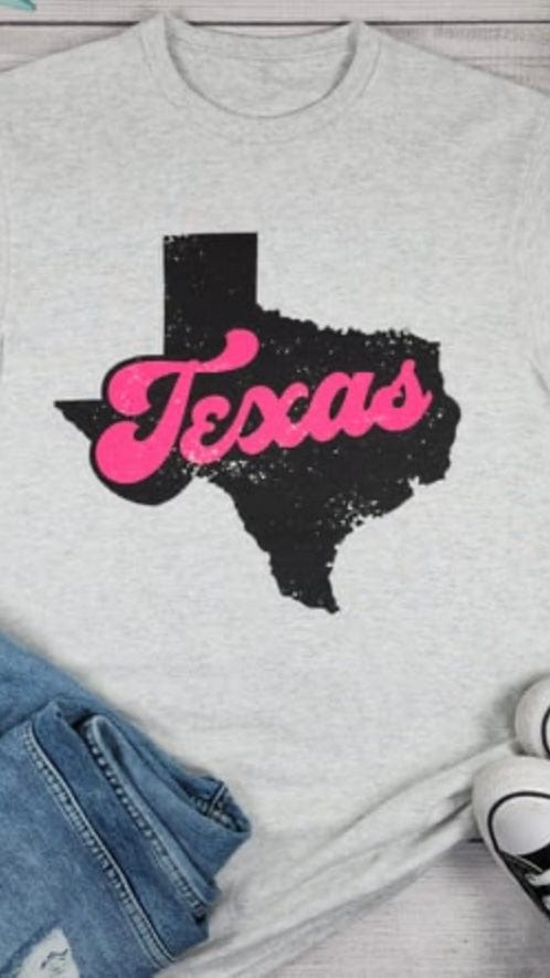 Texas Map With Pink Lettering Graphic Tee-Ash Heather