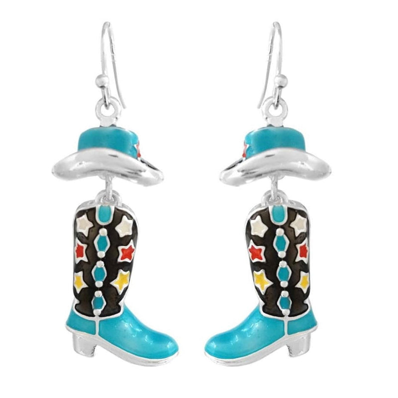 Three D Cowboy Boots & Hat Metal Earrings-Multi Turquoise