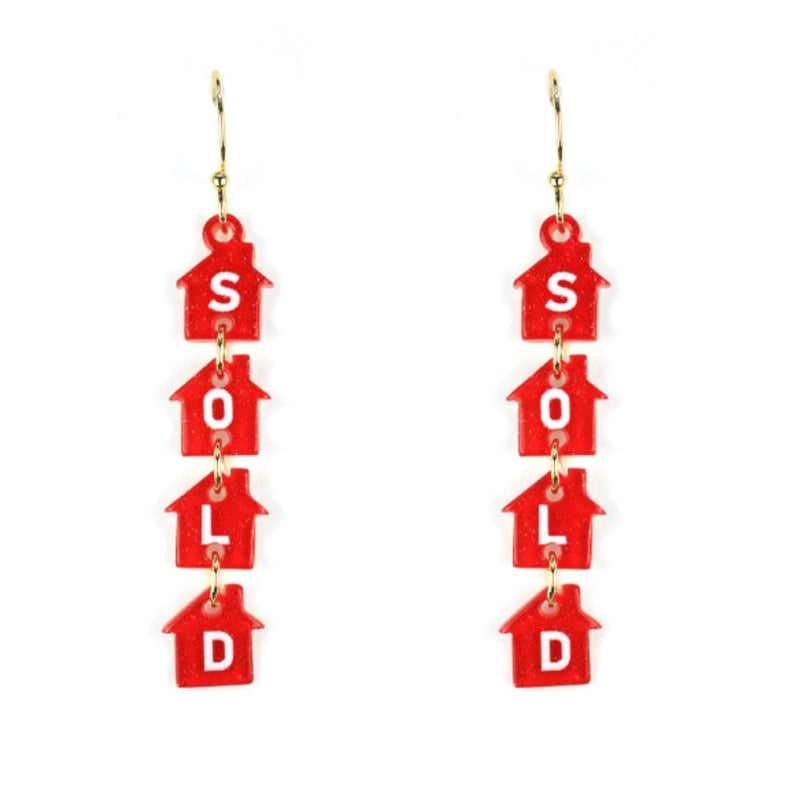 Three Tier Glitter Acrylic "S.O.L.D." House Drop Earrings-Red