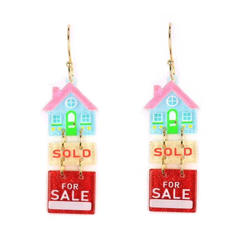 Three Tier Glitter Acrylic "SOLD" House Drop Earrings-Multi Color