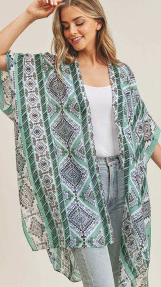 Tribal Print Kimono-Teal/Black