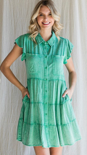 Washing Solid Tiered Dress-Kelly Green