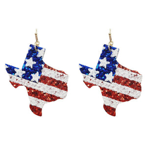 American Flag Print Texas Map, Star, Glitter, Leather Earrings-Red/White/Blue