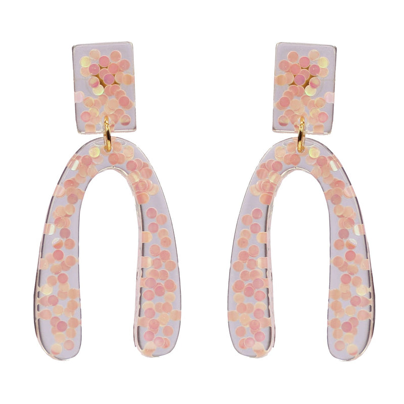 Arch Resin with Sequin Post Drop Earrings-Light Pink