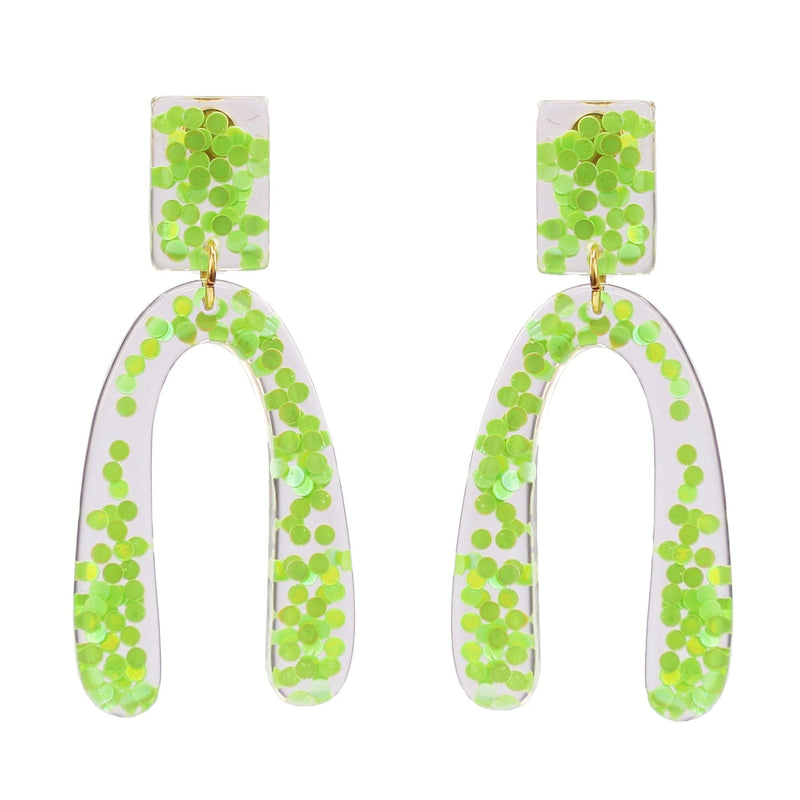 Arch Resin with Sequin Post Drop Earrings-Lime Green