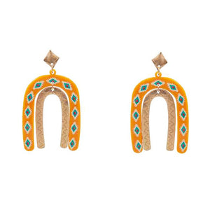 Aztec Printed Acetate Arch & Metal Arch Dangle Earrings-Mustard
