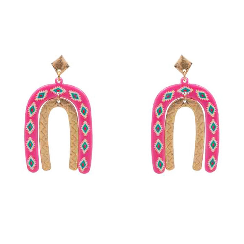 Aztec Printed Acetate Arch & Metal Arch Dangle Earrings-Pink