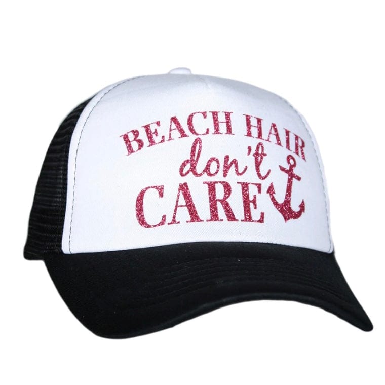 Beach Hair Don't Care Glitter Trucker Hat-Black/White