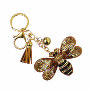 Bee Rhinestone Cushion Key Chain with Tassel-Gold