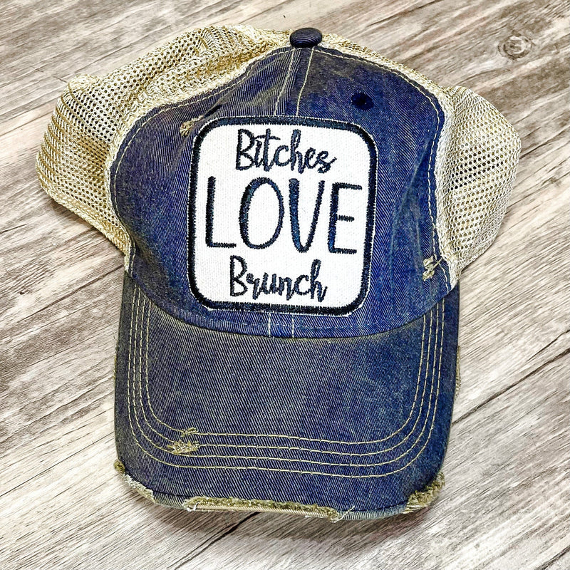 Bitches LOVE Brunch Distressed TrucKer Hat-Denim Blue