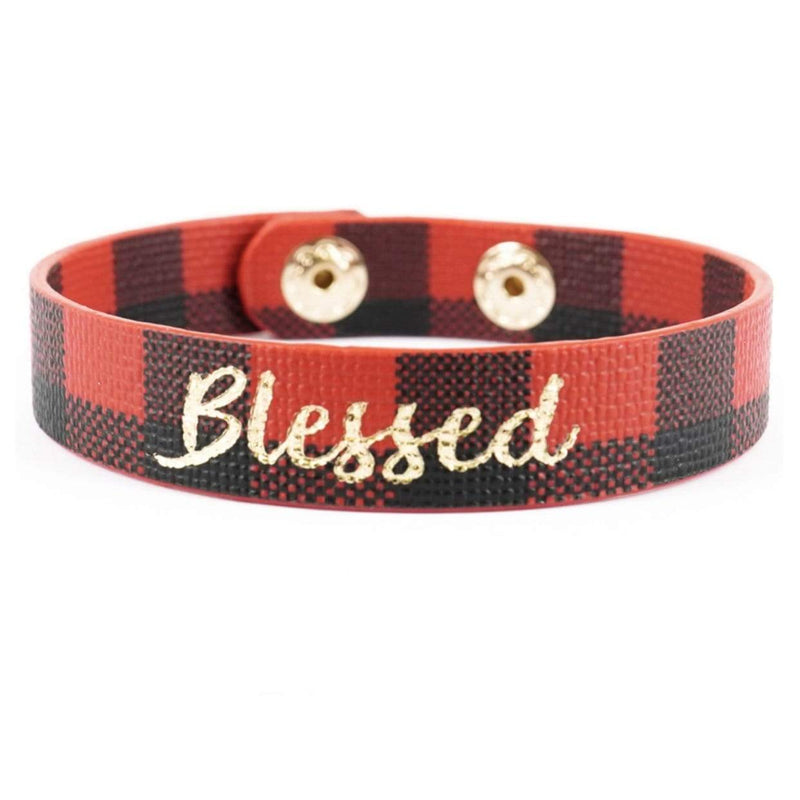 Blessed Buffalo Plaid Leather Snap Button Bracelet-Red