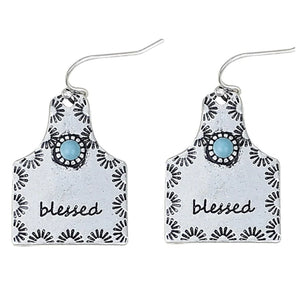 "blessed" Metal Cow Tag w/ Turquoise Stone Earrings-Silver