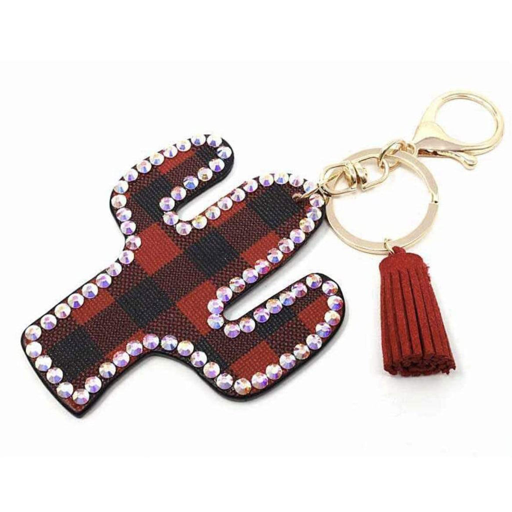 Buffalo Plaid Cactus Key Chain with Suede Tassel-Red