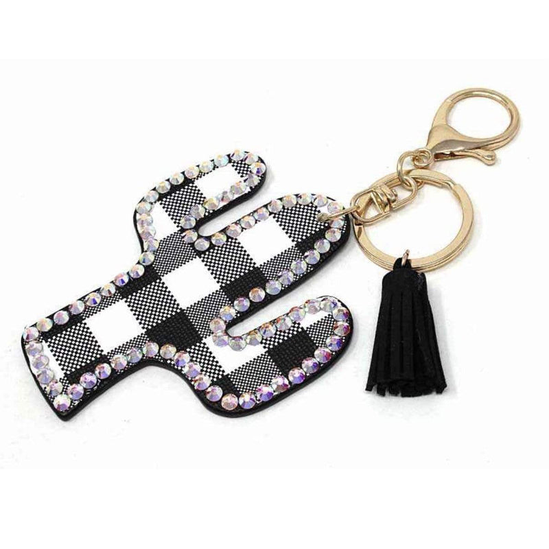 Buffalo Plaid Cactus Key Chain with Suede Tassel-White