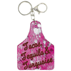 Burn out "Tacos, Tequila & Turquoise" Leather Key Chain-Pink