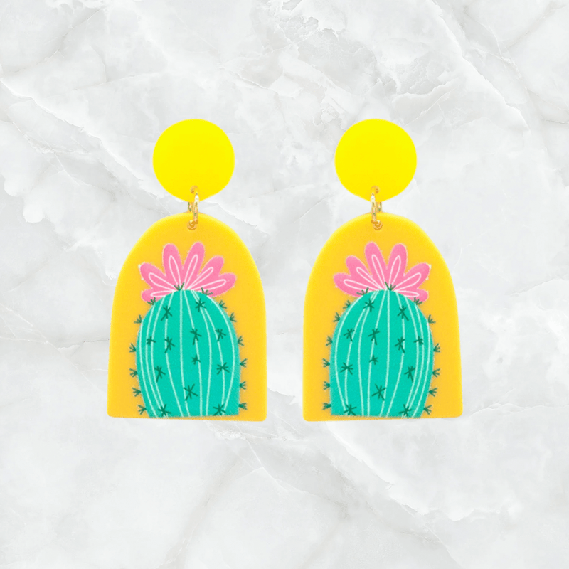 Cactus Flower Print Post Drop Acrylic Earrings-Yellow/Green/Pink