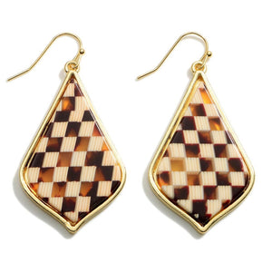 Checkered Print Drop Earrings - Gold