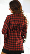 Checkered Print Fringe Jacket-Red/Black