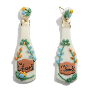 Cheers Bottle Clay Earrings with Floral Accents