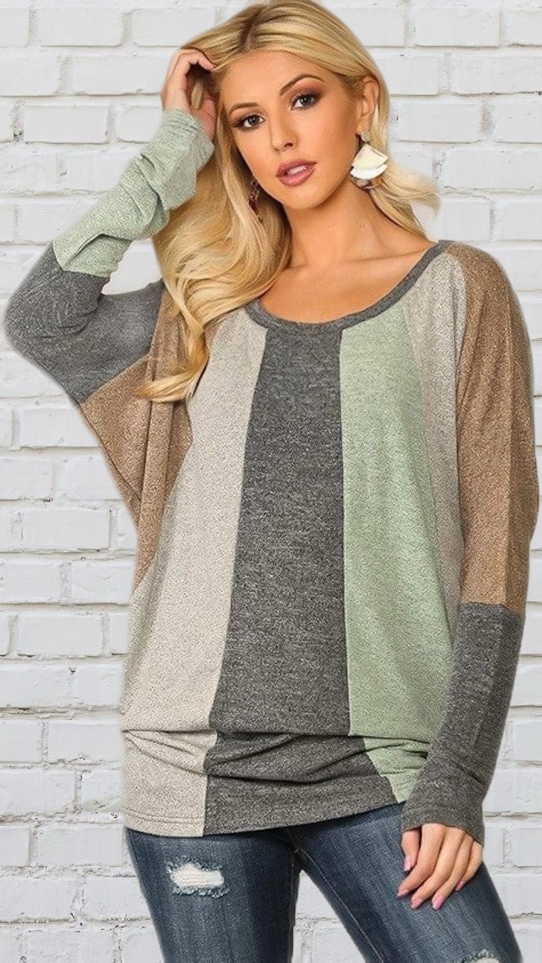 Color Block Knit Long Sleeve Top-Charcoal Mix