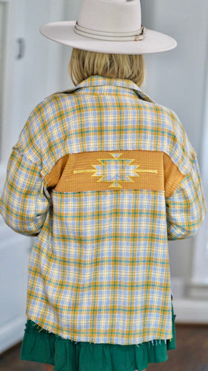 Contrast Patch Embroidered Shirt-Mustard Yellow
