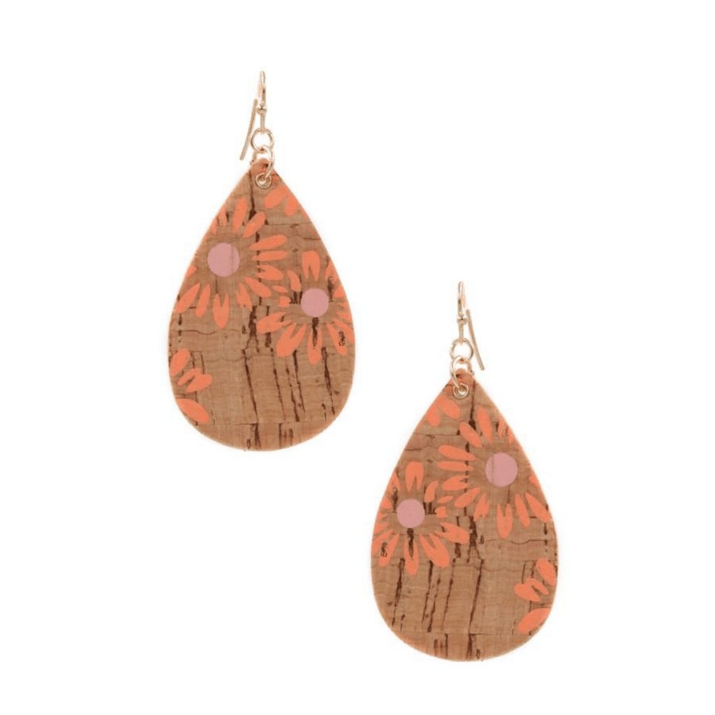Cork Teardrop Flower Earrings- Orange